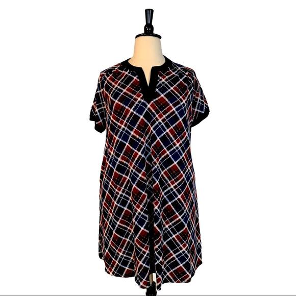 Enfocus Studio Dress Blue Red Plaid Short Sleeve Shift Tunic Women's Plus 14W - Picture 1 of 10